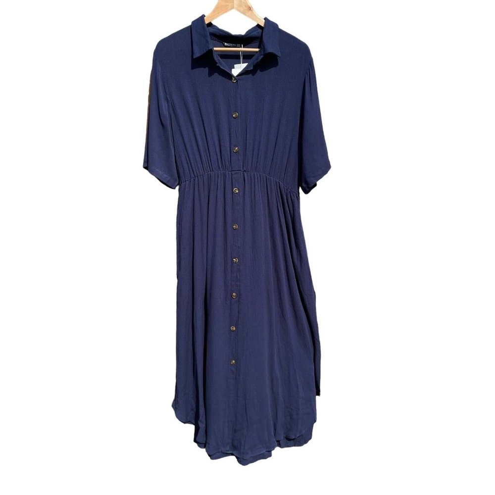 Bloomchic Button Front Maxi Dress Womens XL 14-16 Navy Blue Lightweight Casual